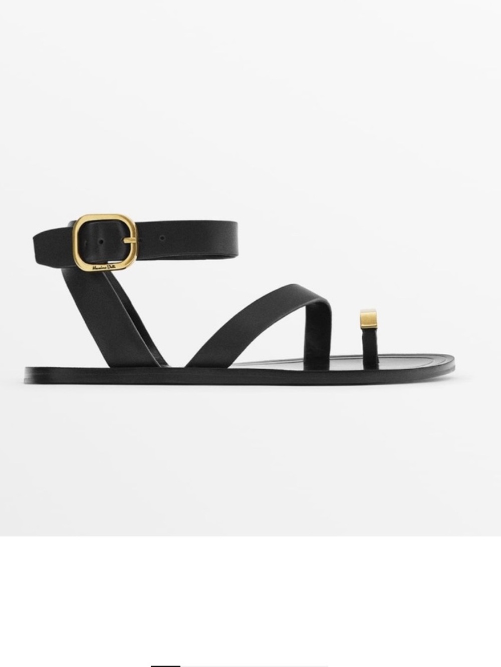 Massimo Dutti Black Leather Toe Ring Flat Sandals Gold Hardware Size 39